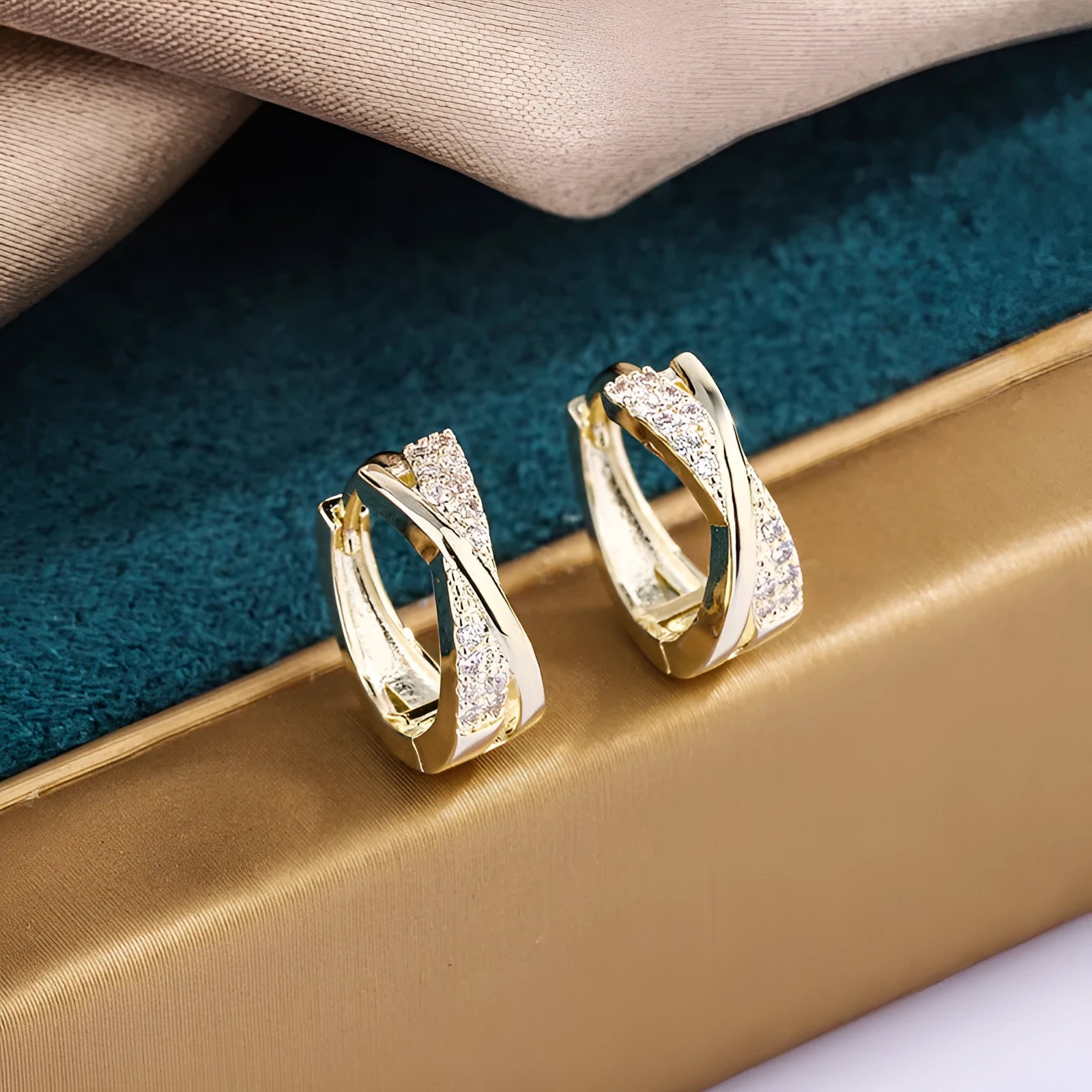 Geometric shape earrings with zircon detail in 14K yellow gold-tone finish