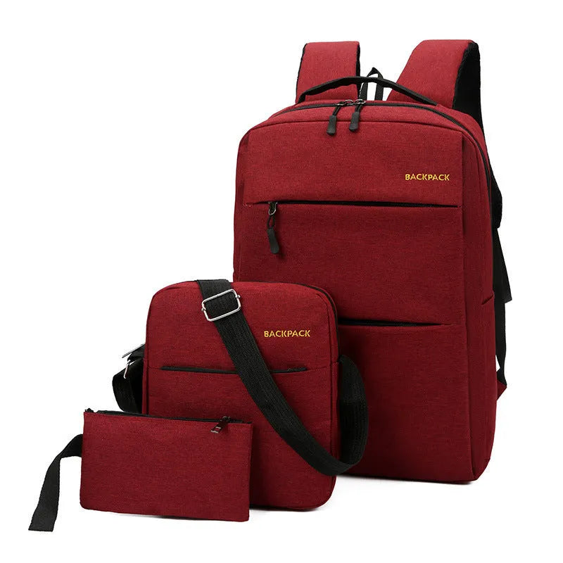 Three square nylon computer bags in black, grey, navy, or wine red, showing USB port and internal organiser pockets.