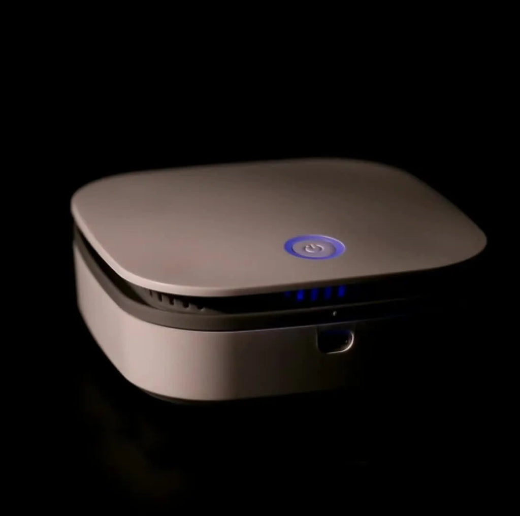 White USB air purifier for car use with negative ion technology and composite filter.