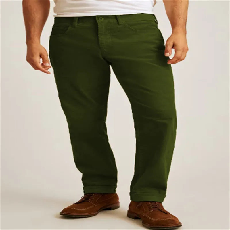Corduroy loose casual straight leg trousers in solid colour with mid-waist design and zip fly
