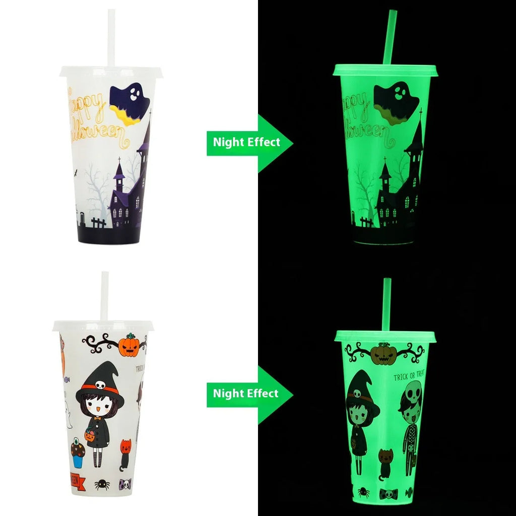 720ml plastic Halloween sippy cup with luminous straw showing cylindrical shape and six colour options