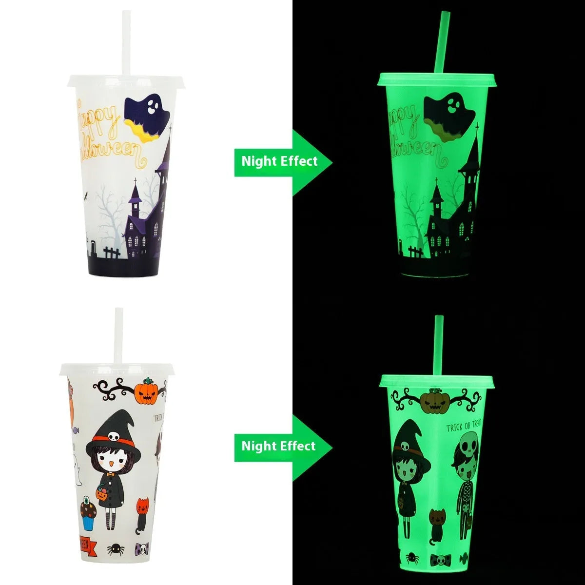 720ml plastic Halloween sippy cup with luminous straw showing cylindrical shape and six colour options