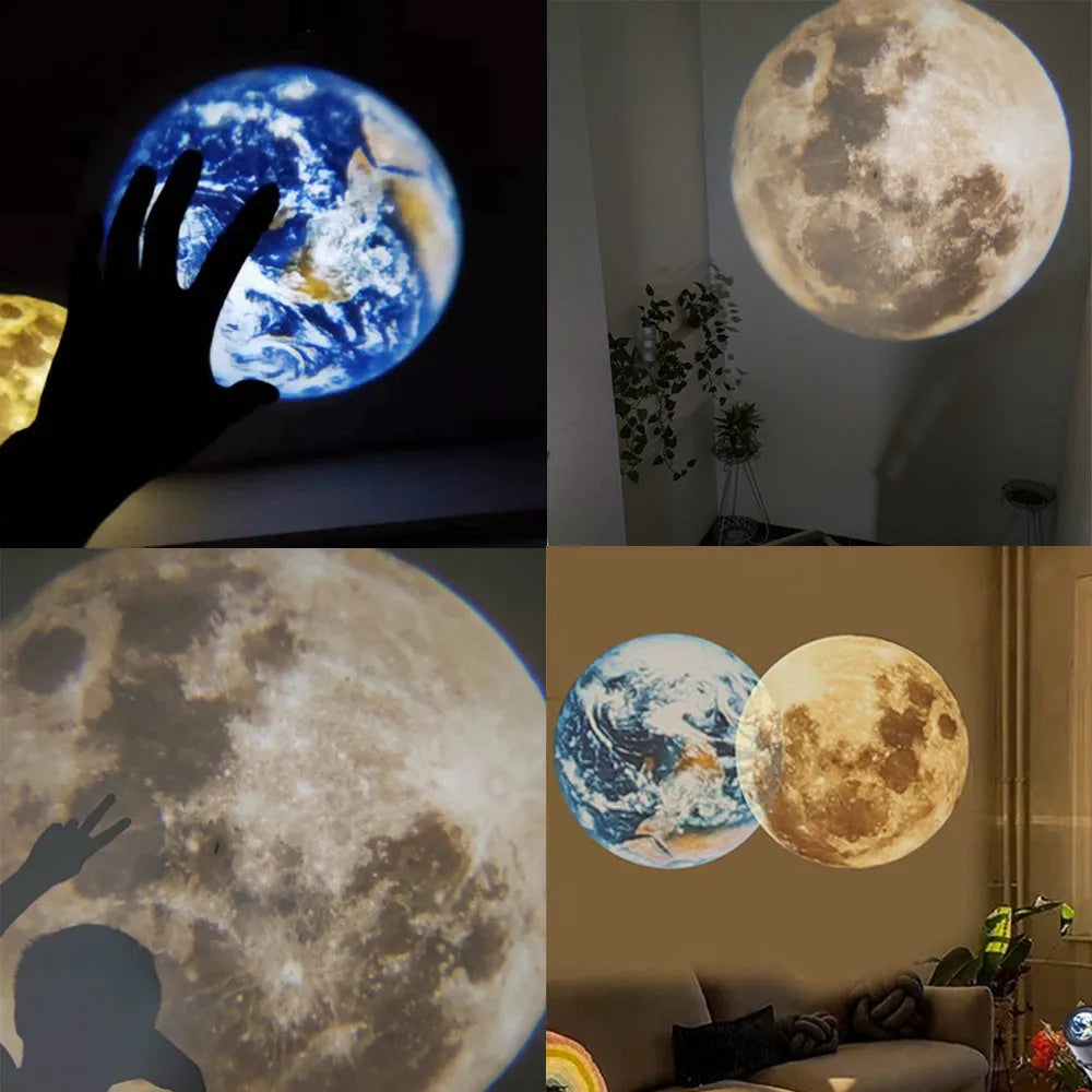Earth and moon LED projector lamp on its adjustable hose bracket, showing USB cable.