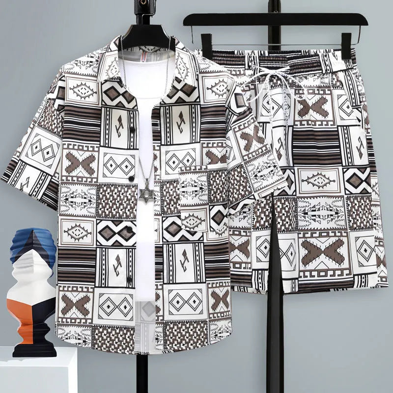 Men's casual two-piece shorts set in polyester, showing short-sleeve top and matching shorts.