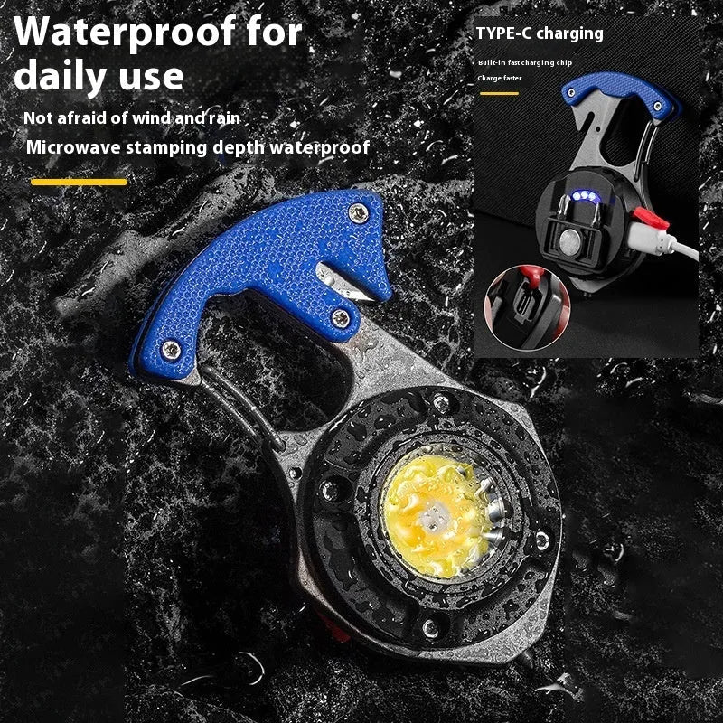 Compact silver and black multifunctional keychain flashlight with keyring, display screen, window breaker, and screwdriver.