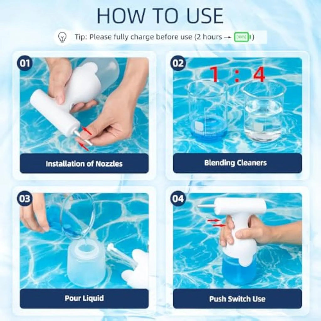 White electric foam soap dispenser with two nozzle attachments and USB charging cable