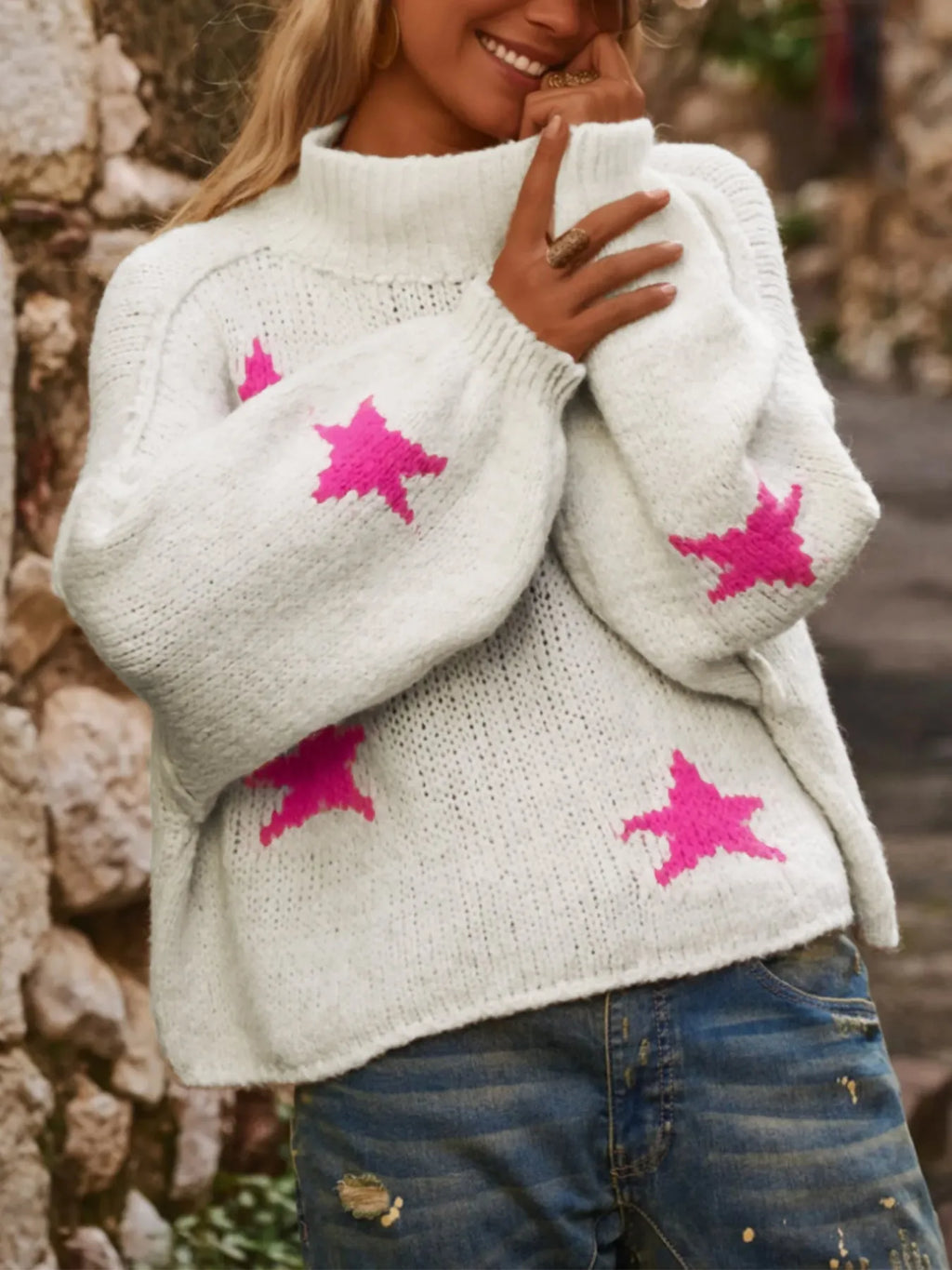 White women's loose turtleneck pullover with a black star pattern on thick imitation velvet fabric
