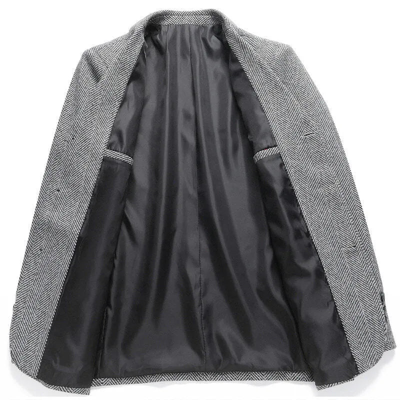 Men's loose fit woolen coat in a solid colour, shown on a model for casual spring or autumn wear.