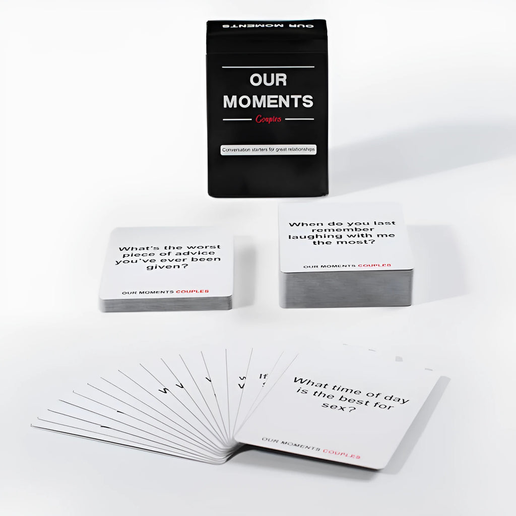 Our Time Lovers Edition black communication card box measuring 9cm with coated paper cards for couple emotional exchange