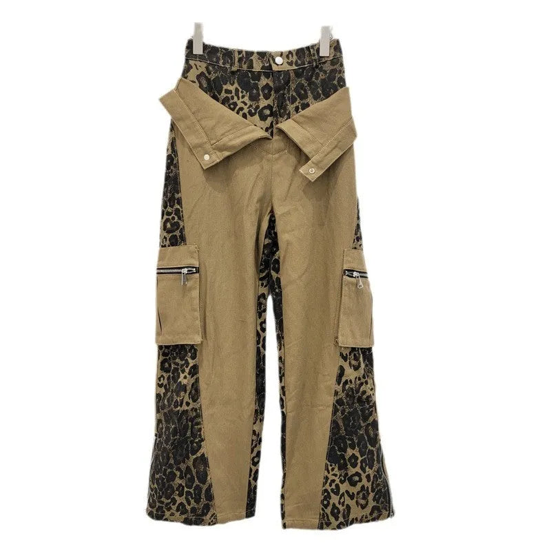 Women's dark khaki leopard print high waist straight leg jeans with tooling style collage stitching