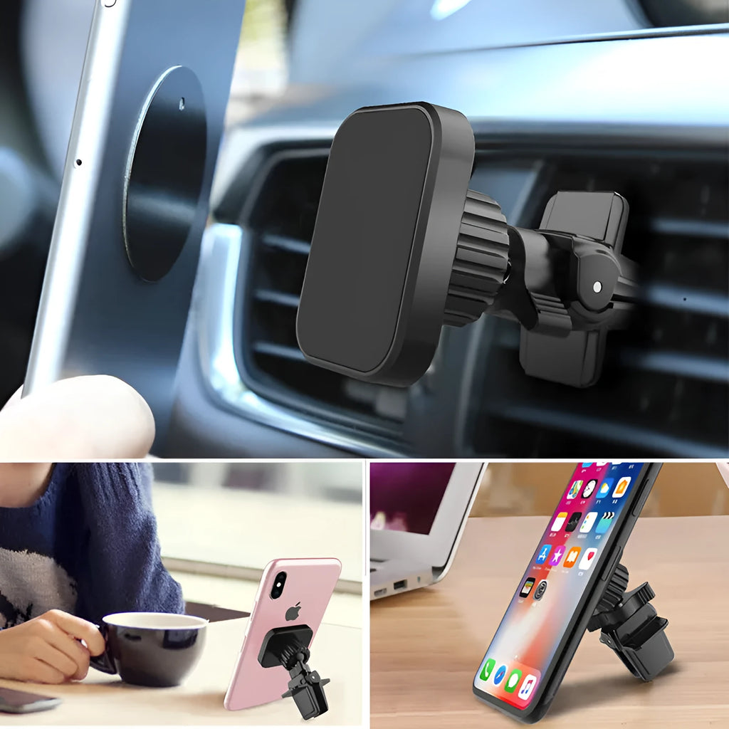 Black magnetic car phone holder mounted on car air conditioning vent with smartphone attached