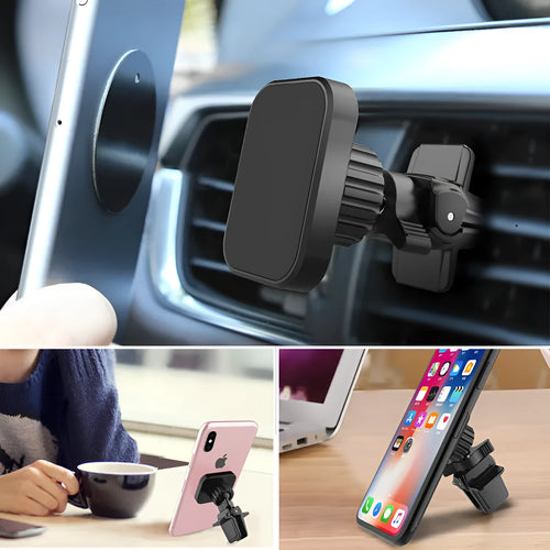 Black magnetic car phone holder mounted on car air conditioning vent with smartphone attached