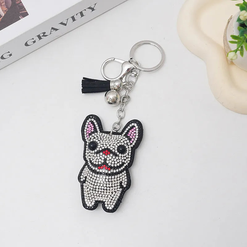 French dog rhinestone keychain with cartoon bear design in caramel colour