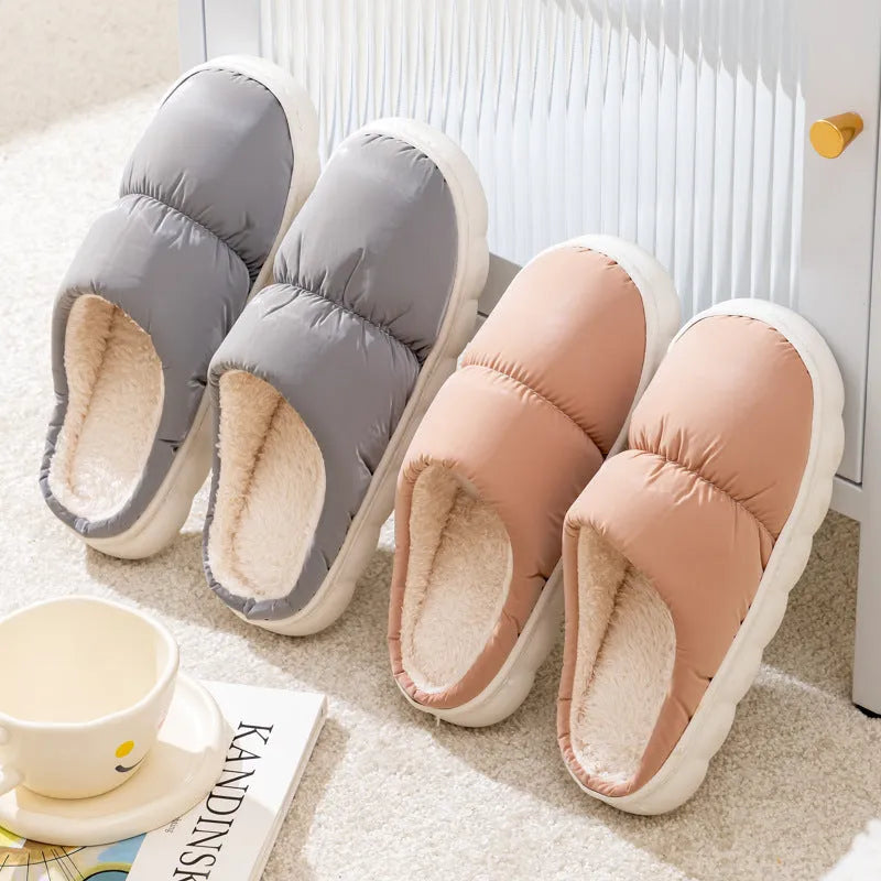 Thick-soled down cotton slippers with artificial leather upper and plush lining in blue green grey pink or yellow