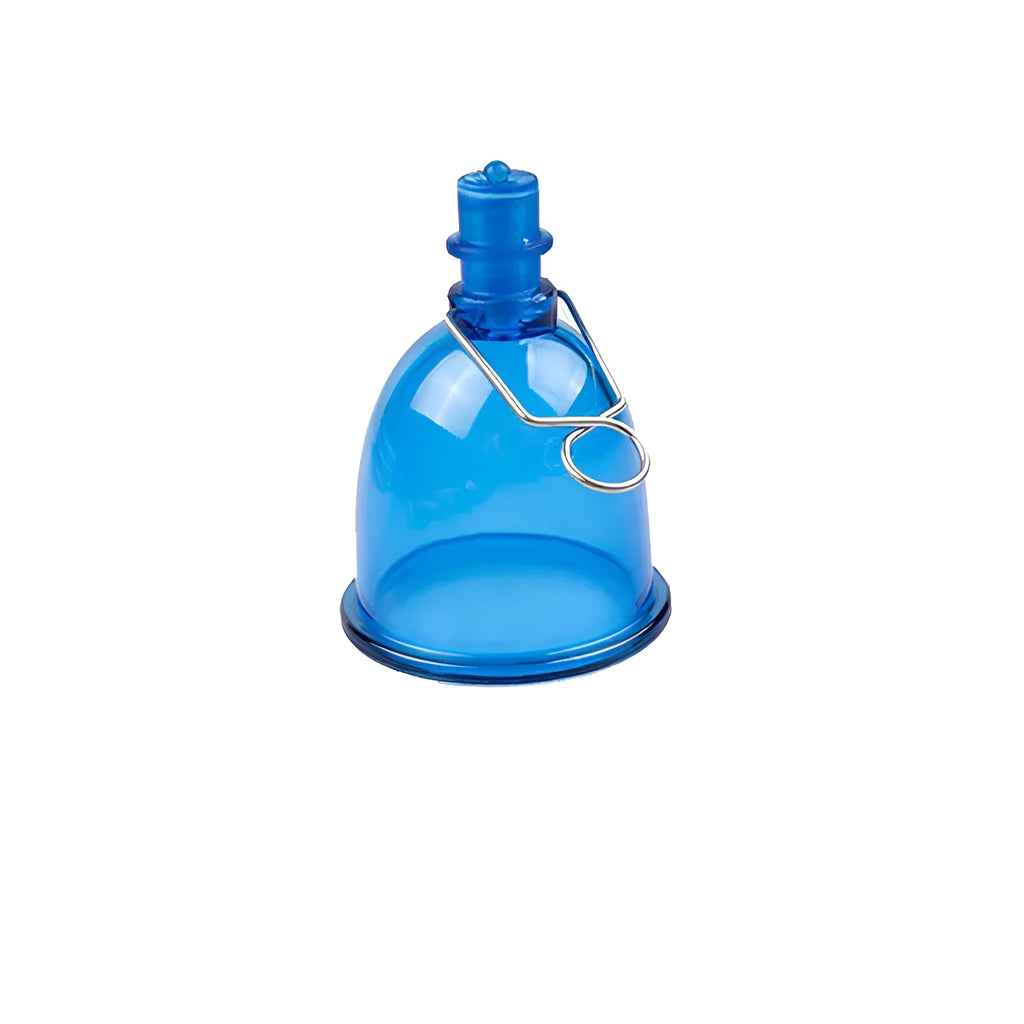 Blue silicone male masturbator shown in small, medium, and large size options