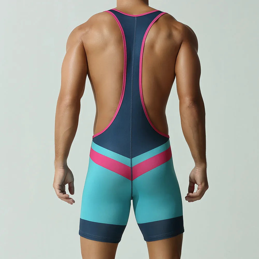 Men's solid colour quick-drying polyester vest jumpsuit shown in Dream Blue, Cyan, and Black.