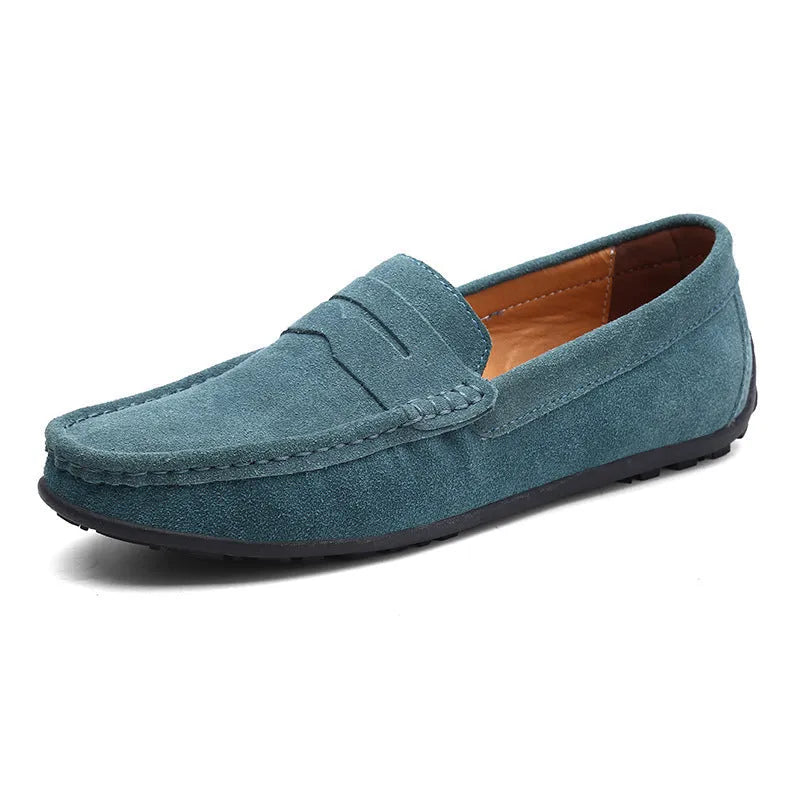 Men's brown suede leather casual shoes with round toe and flat rubber sole on a white background