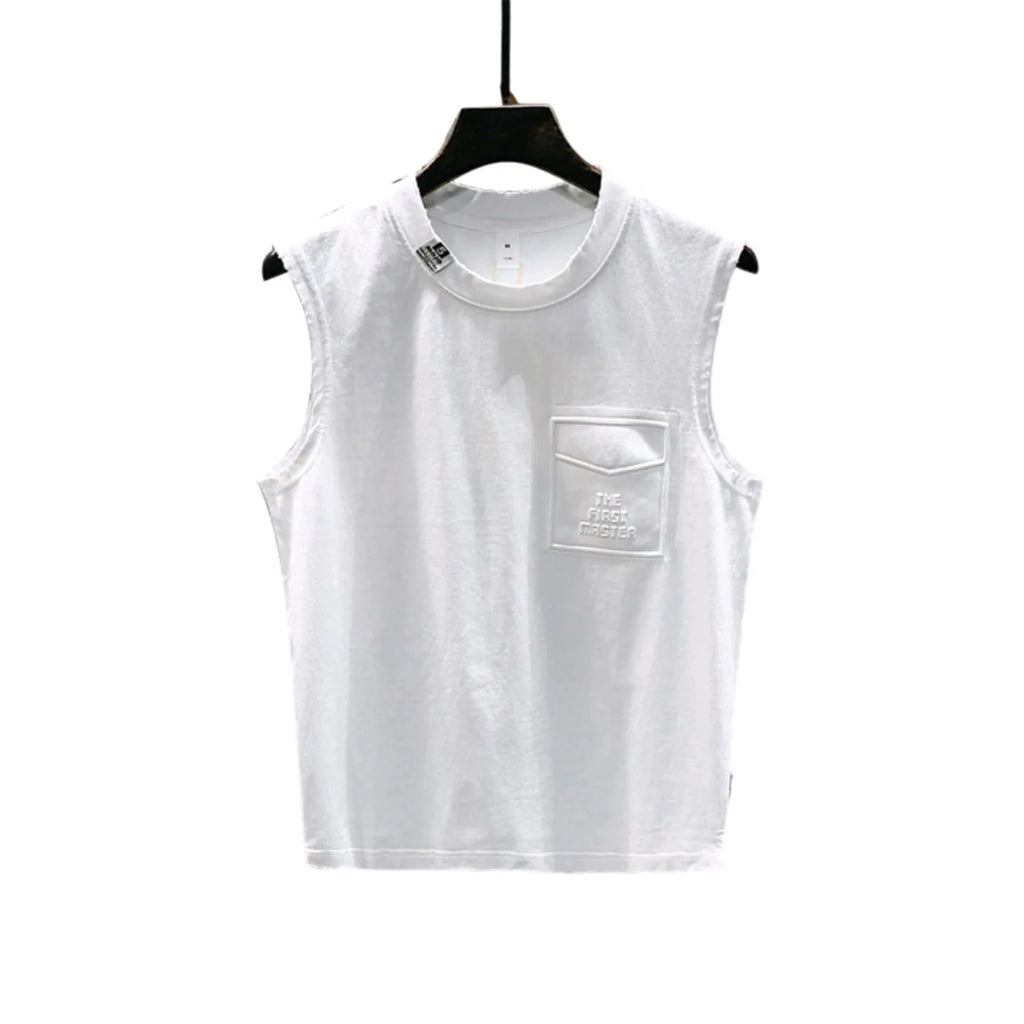 Men's solid colour cotton sleeveless t-shirt in loose fit, shown in white and black.