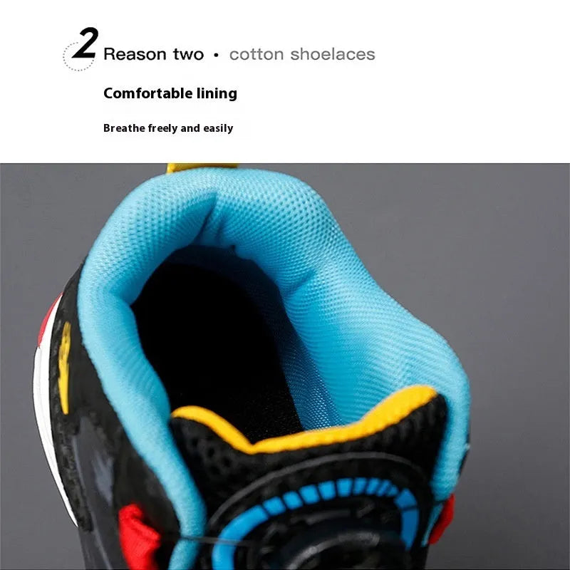 Children's rotating button fastening shoes in multiple colours with a waterproof PU sole.