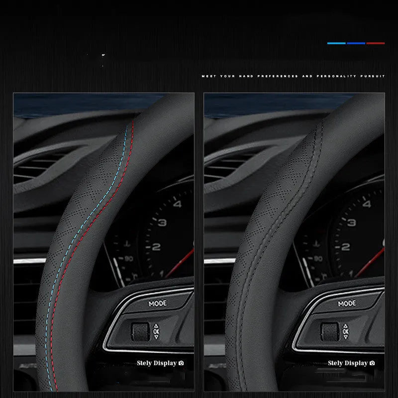 Black two-colour line universal leather steering wheel cover for Suzuki cars with a 38cm diameter