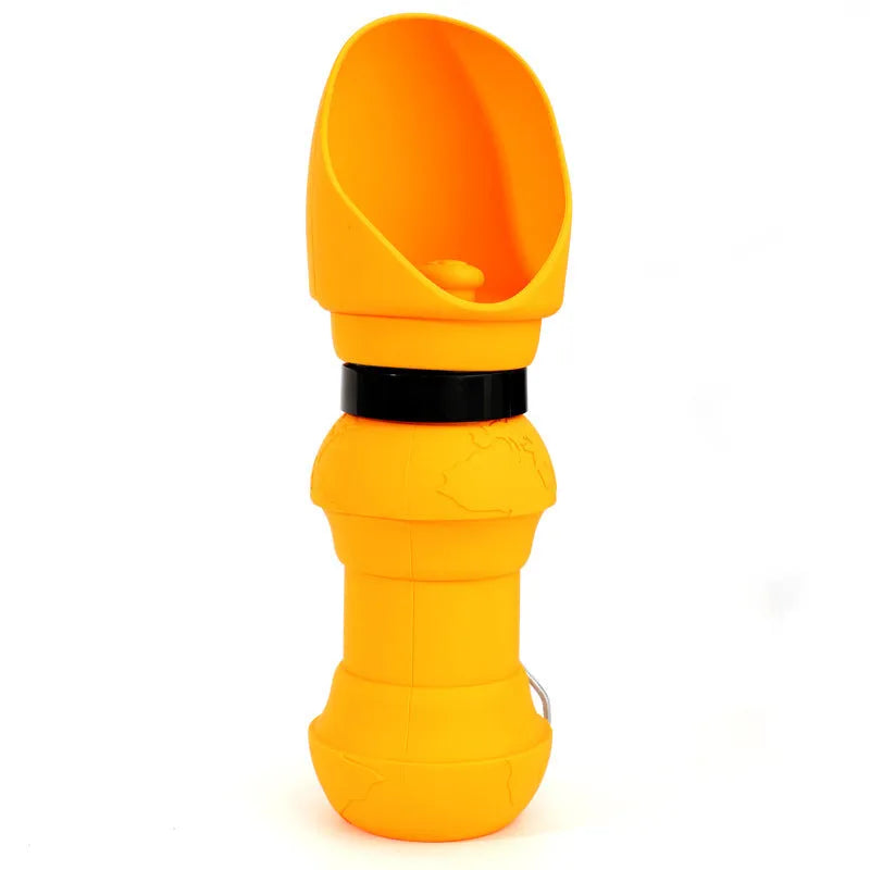 Folded and unfolded silicone pet cup in a choice of colours, showing its portable design.