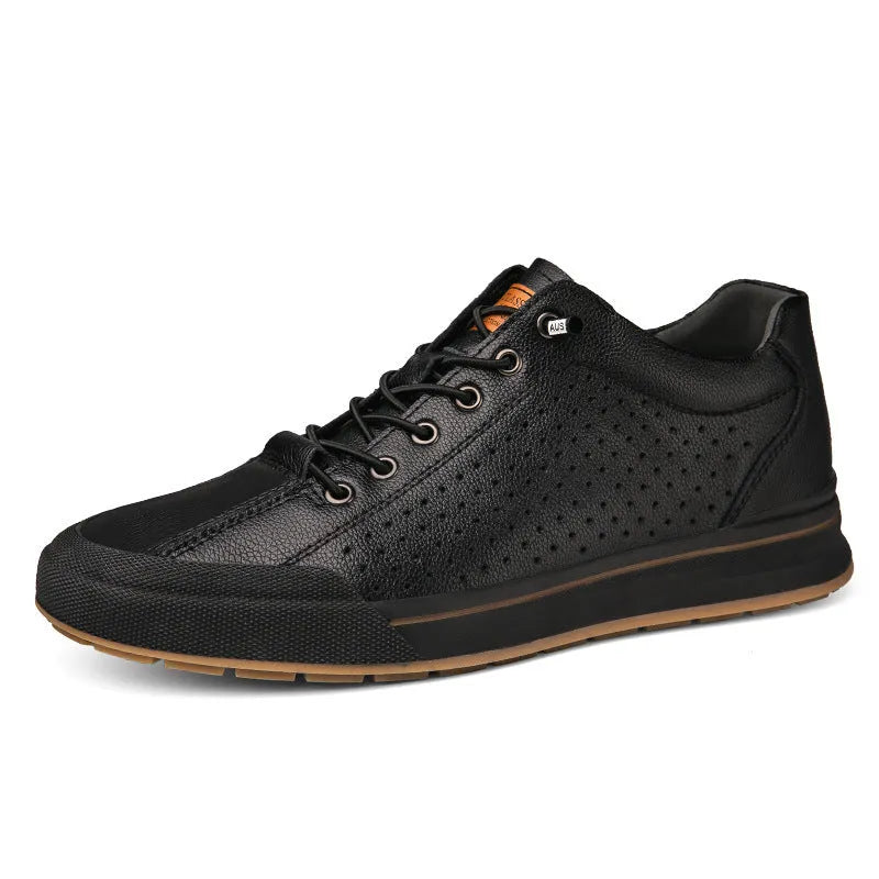 Men's white and black leather casual shoes with flat heel and round toe design showing multiple lining options