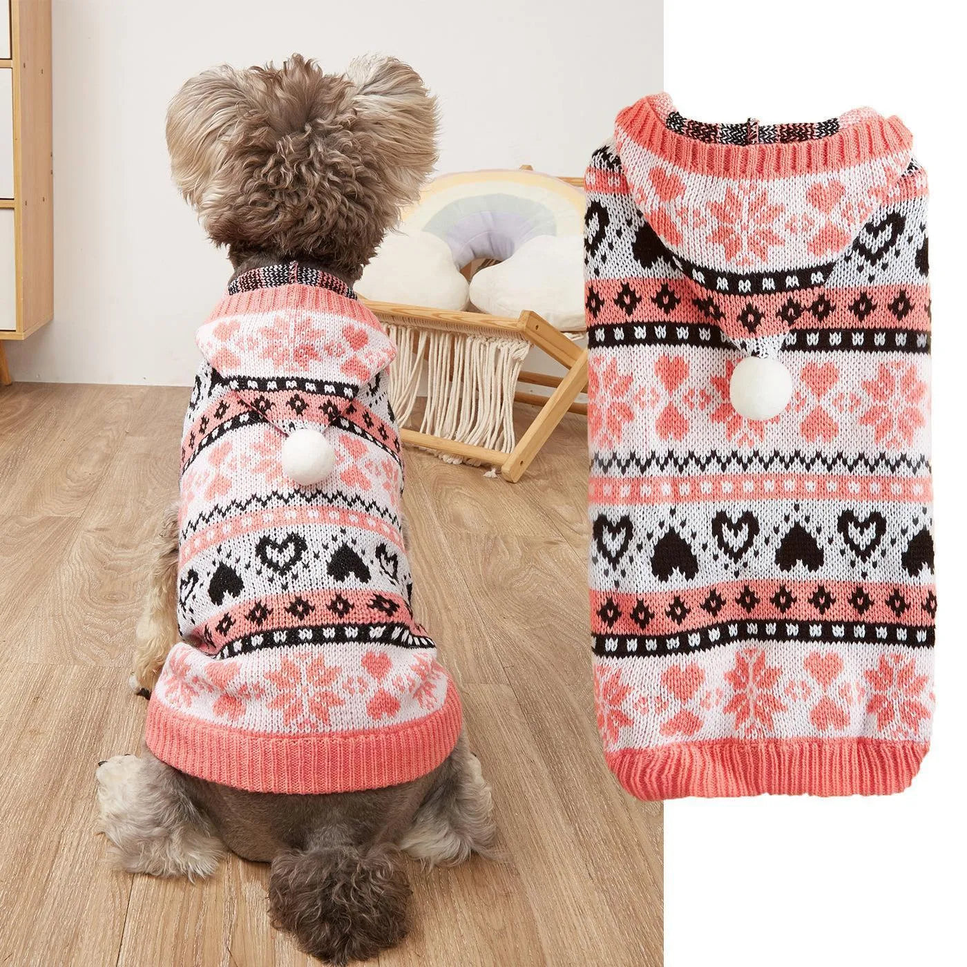 Pink knitted dog sweater with snowflake, love, stripe, and camouflage pattern on a small dog