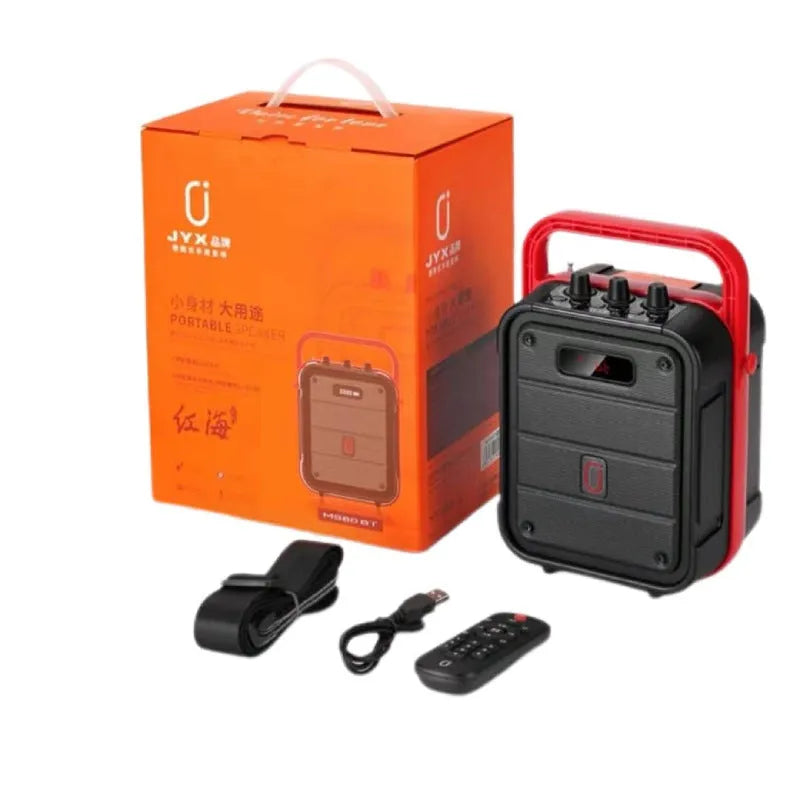 6.5-inch portable Bluetooth speaker with wireless microphone, measuring 241x145x329mm in plastic housing