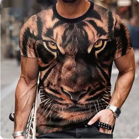 Men's grey T-shirt with raised 3D lion design print on chest, showing dimensional animal graphic