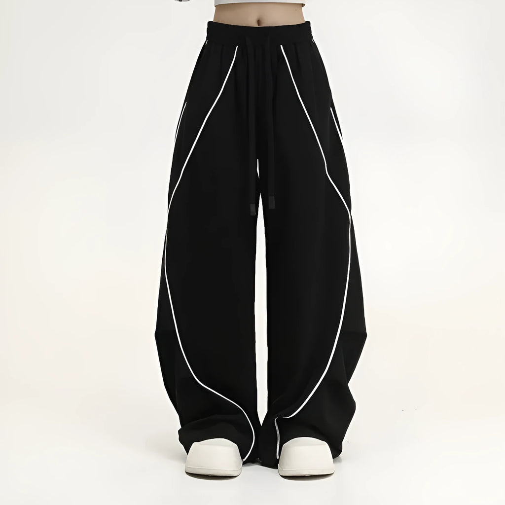 Black pleated wide-leg hip hop pants with striped pattern and mid waist, loose fit polyester streetwear trousers