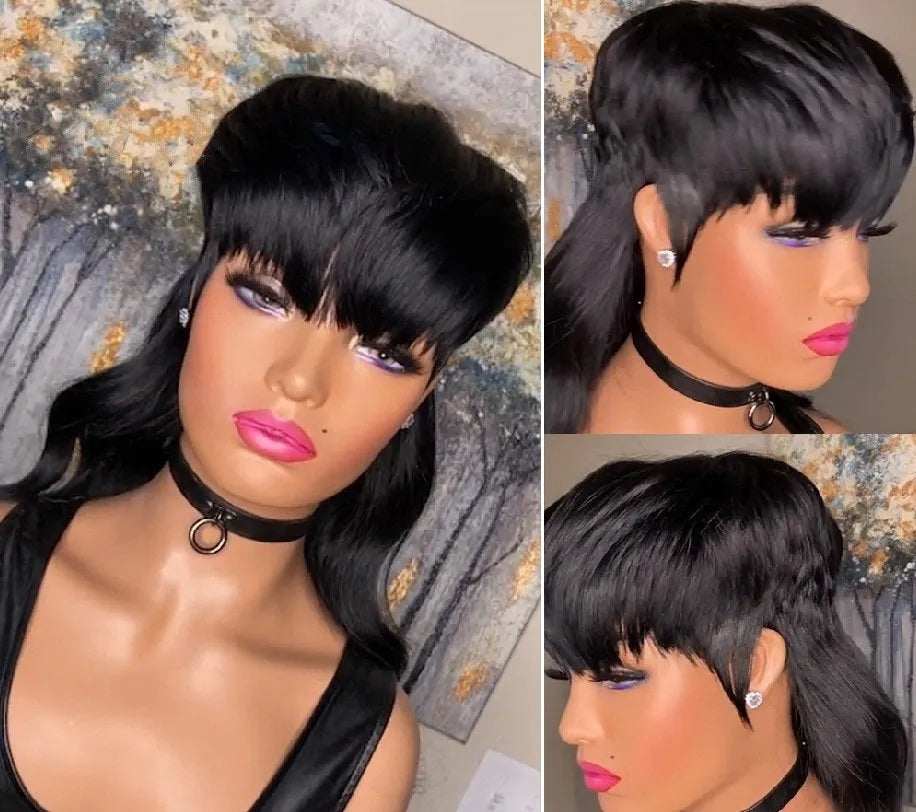 Black Brazilian synthetic wig with bangs and a front short, back long layered hairstyle.