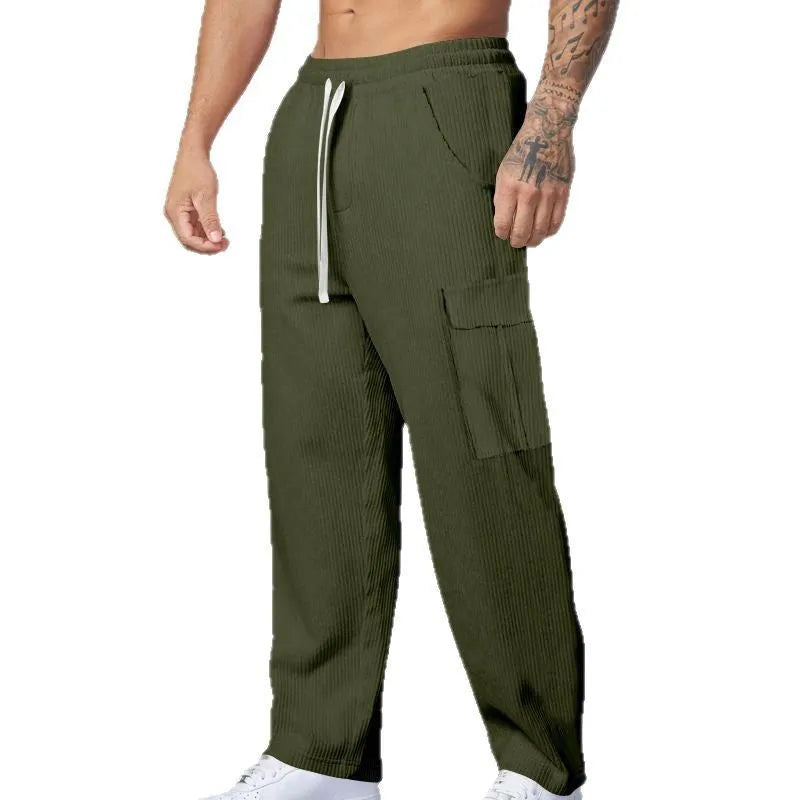 Men's corduroy cargo trousers in wide-leg straight fit with drawstring waist in multiple colour options
