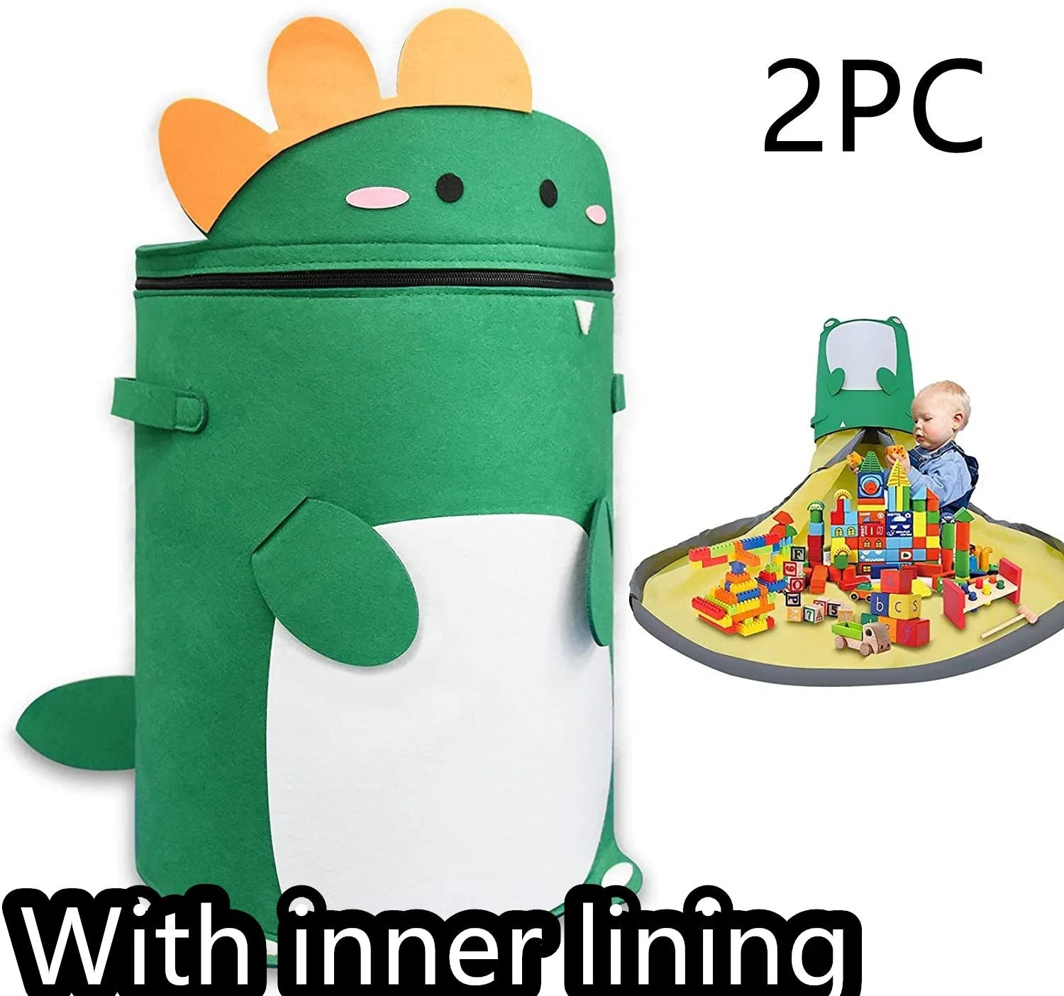 Green felt cube storage bag with pull rope, shown as a toy organiser and play mat.