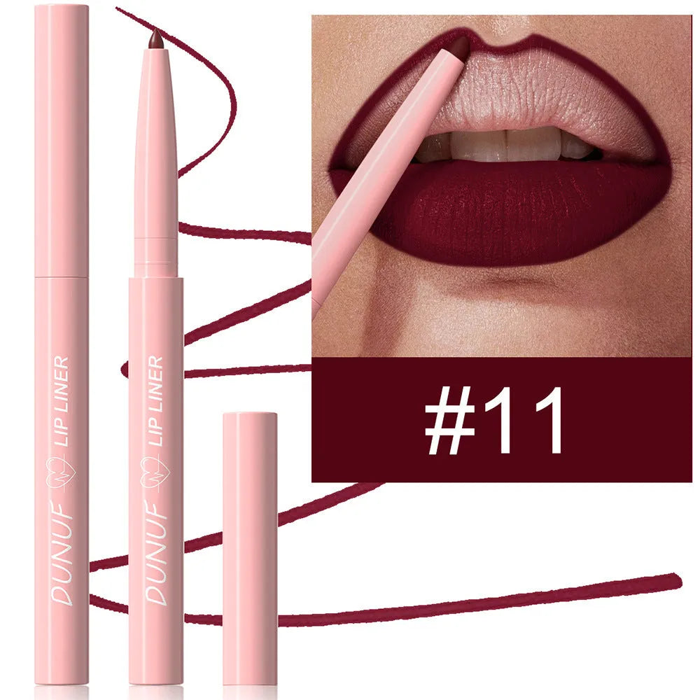 Matte velvet lip liner pencil showing 12 colour shades from nude to plum