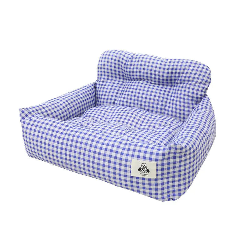 Blue plaid and grey car-mounted pet travel nests in two sizes for small to medium dogs