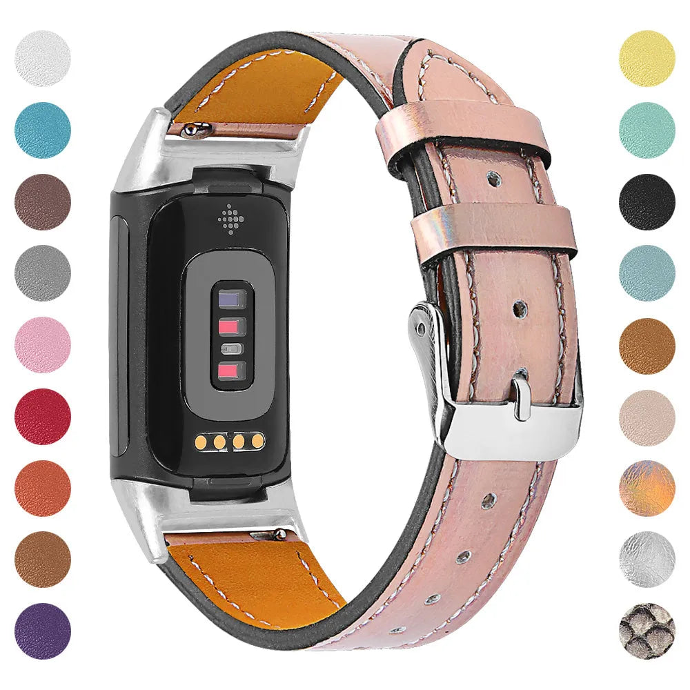 Genuine leather watch strap for Fitbit Charge 5 and Charge 6 fitness trackers on a wrist.