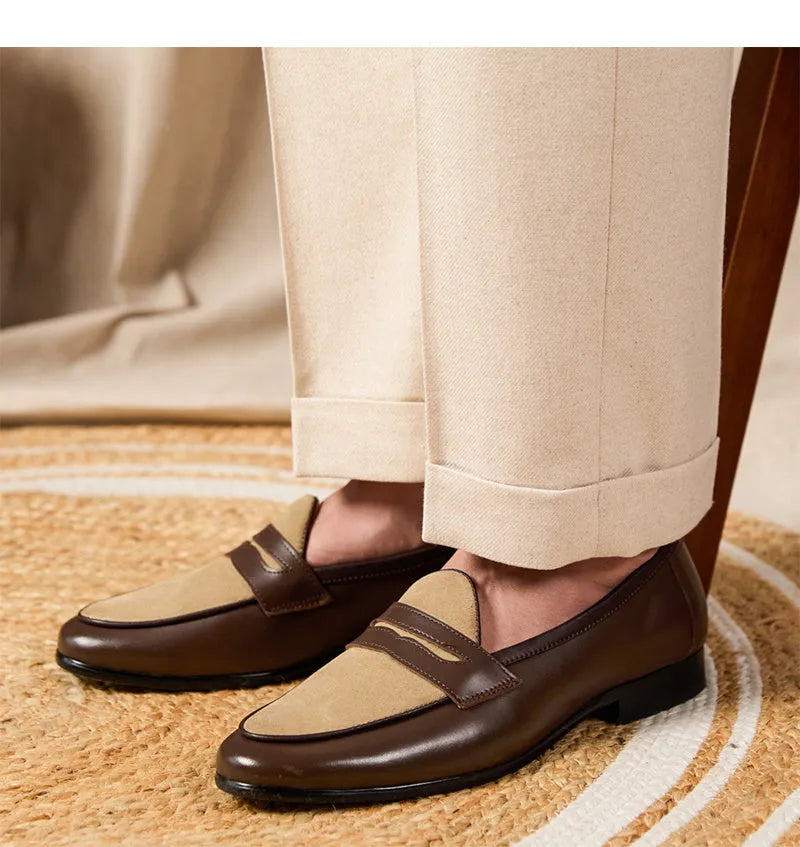 Coffee grey high-gloss suede slip-on loafers with a rubber sole, shown on a neutral background.