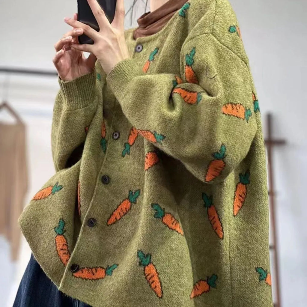 Loose viscose cardigan sweater with mori artistic printing in colour contrast pattern, round neck and regular sleeves