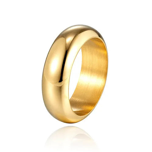Glossy electroplated titanium steel ring shown in gold, black, and steel colour finishes on a grey background.