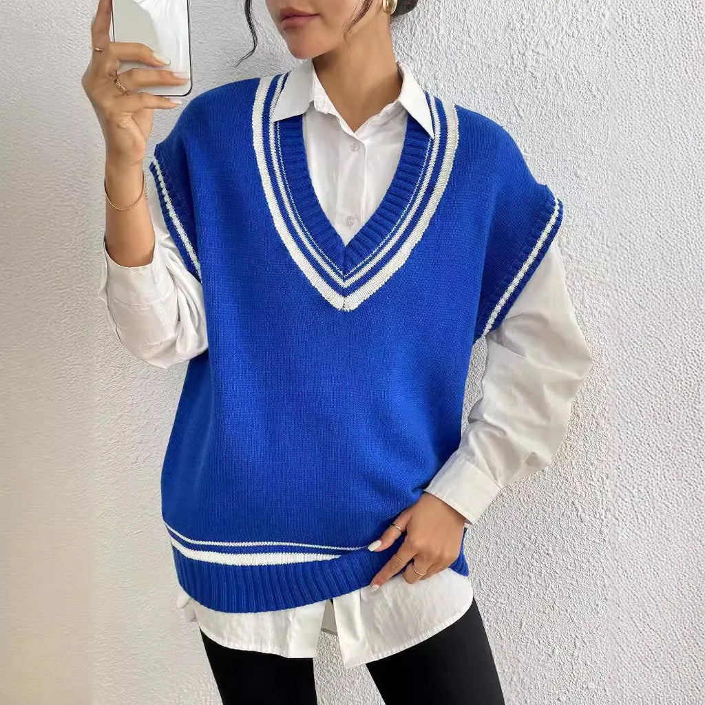 Women's loose fit college style vest sweater in blue, coffee, or black colour.