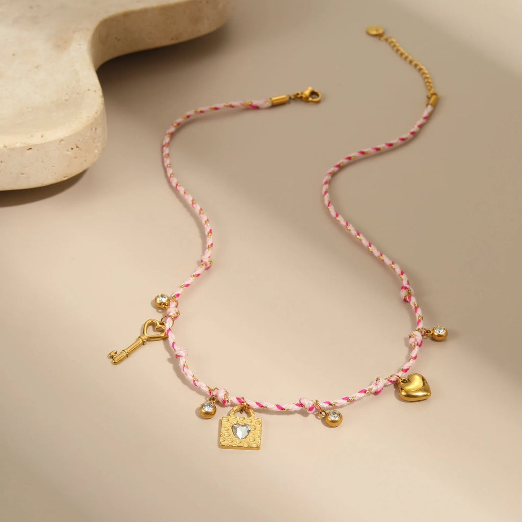 Handmade braided rope necklace or bracelet with stainless steel chain and geometric pendant in 18K titanium steel finish