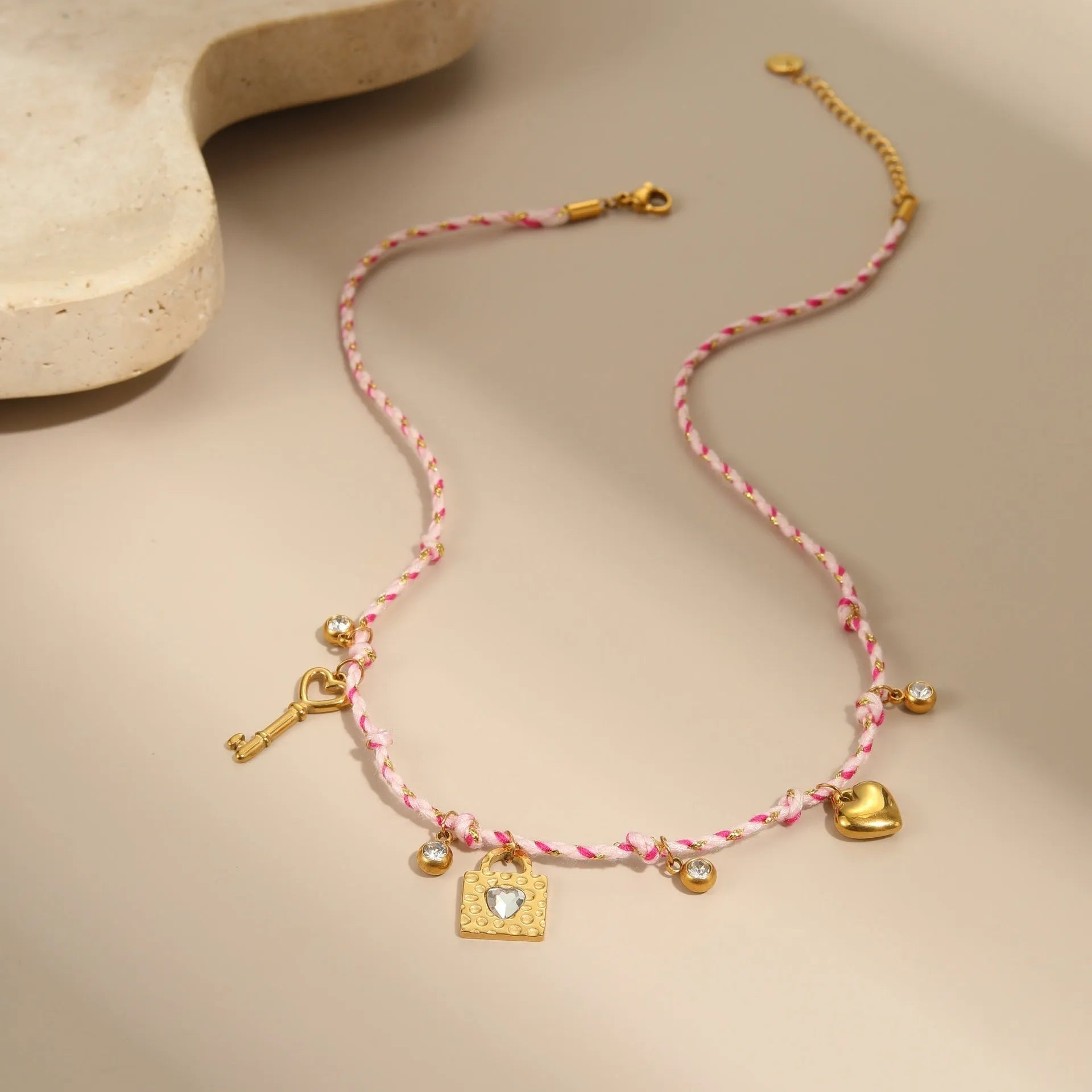 Handmade braided rope necklace or bracelet with stainless steel chain and geometric pendant in 18K titanium steel finish