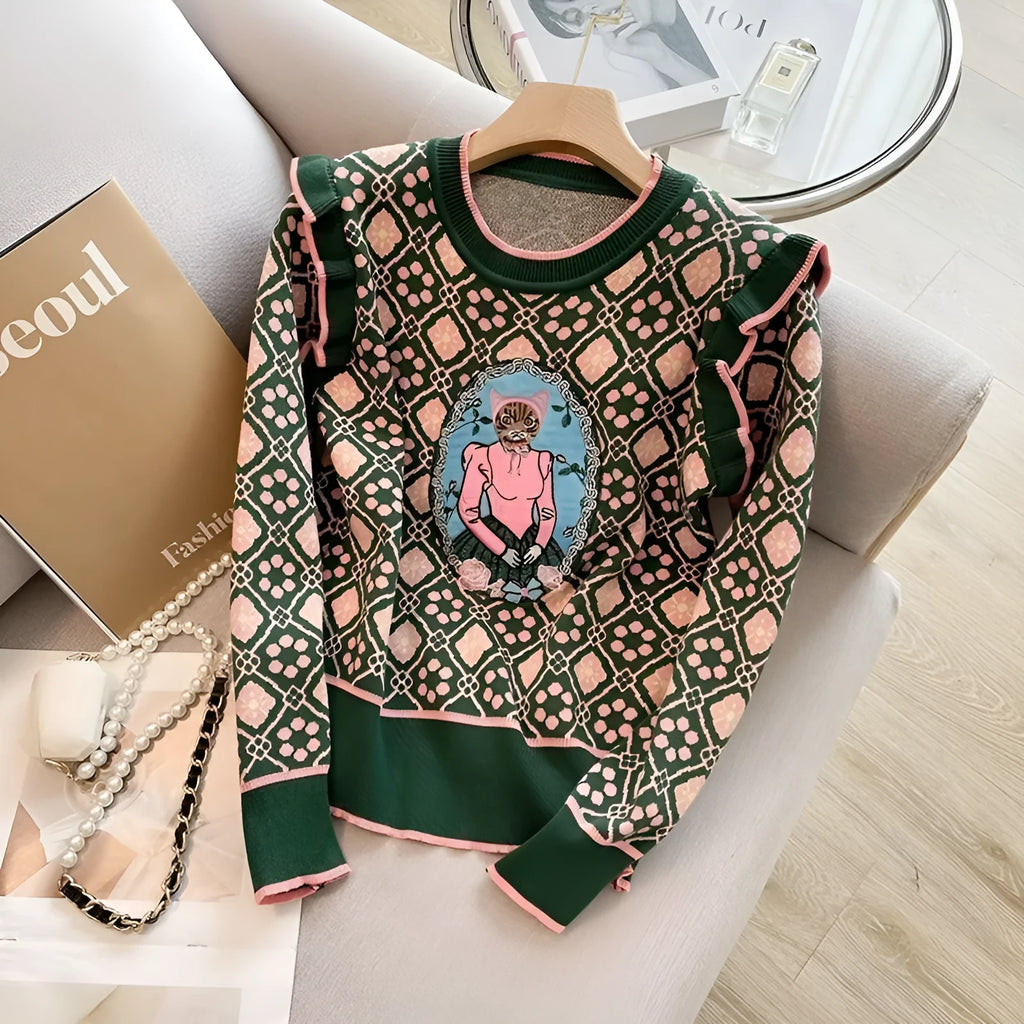 Green loose-fit printed sweater with regular sleeves on a hanger.
