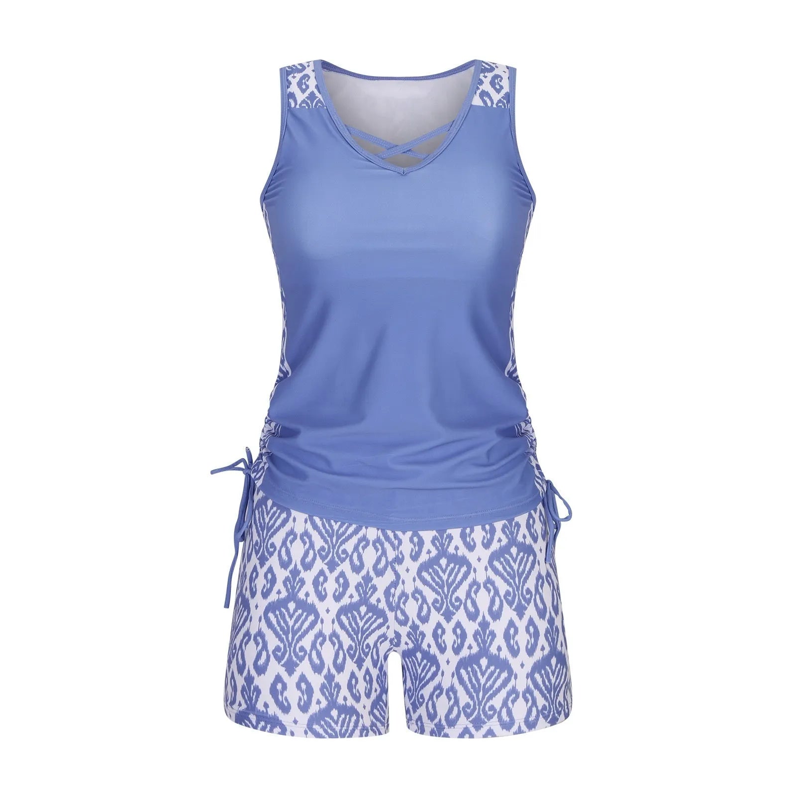 Women's printed lace two-piece swimsuit in blue, green, and navy blue colour options