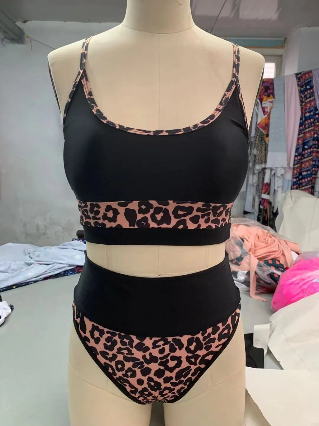 Women's high waist split bikini swimsuit in leopard print and white options
