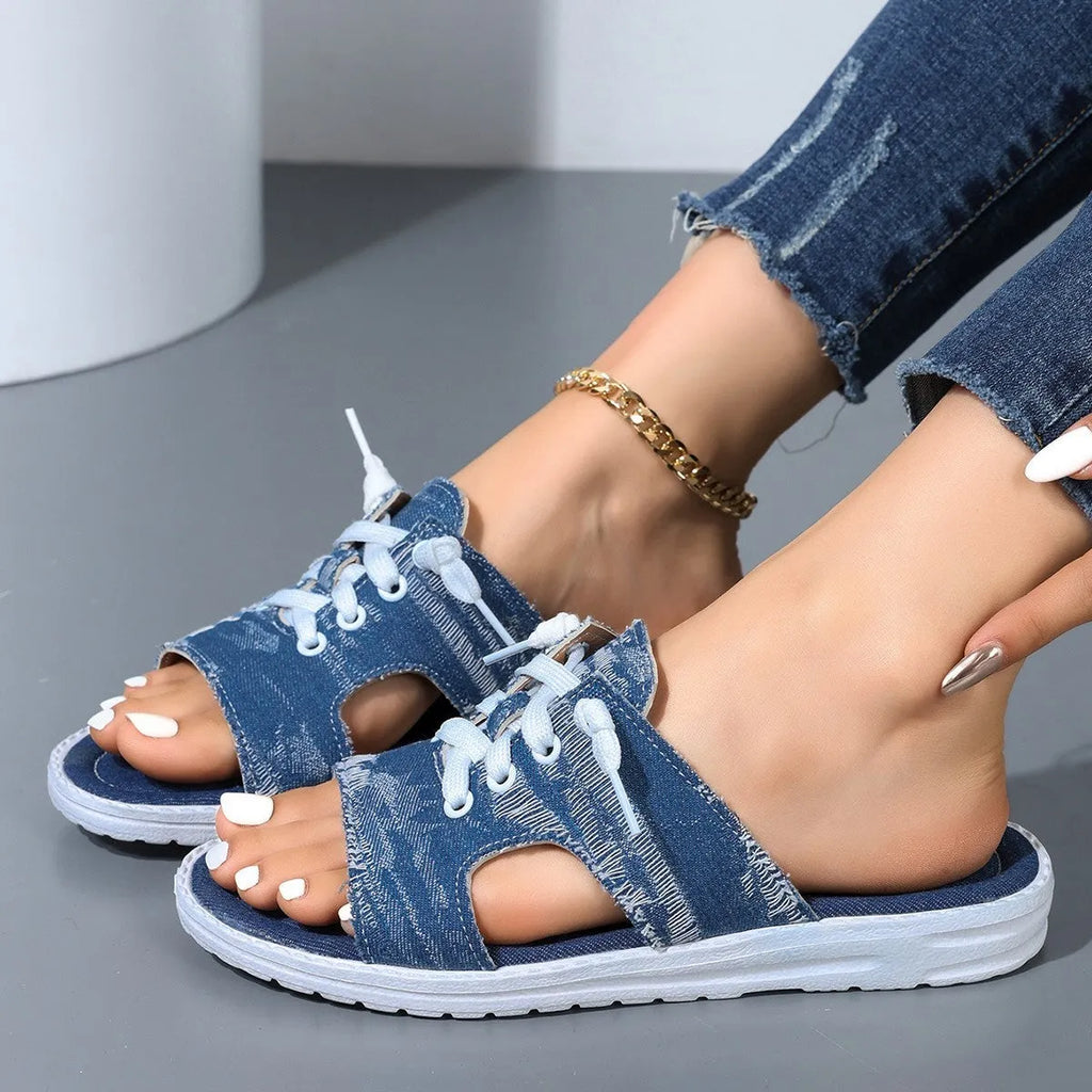 Blue Roman style women's canvas slippers with a cloth upper and rubber sole, shown in size 36-43.