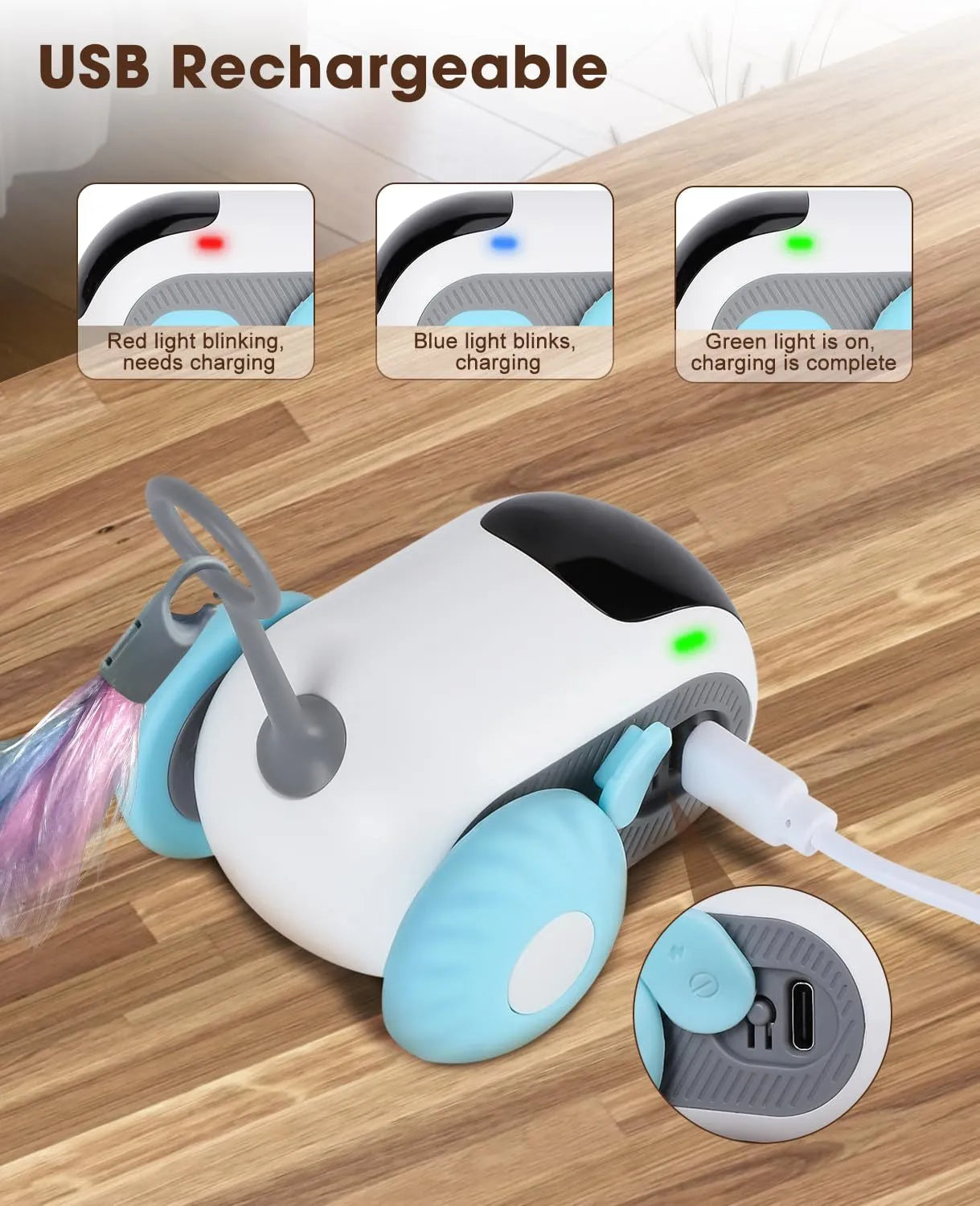 Smart electronic cat toy car with feather attachment and remote control on blue background