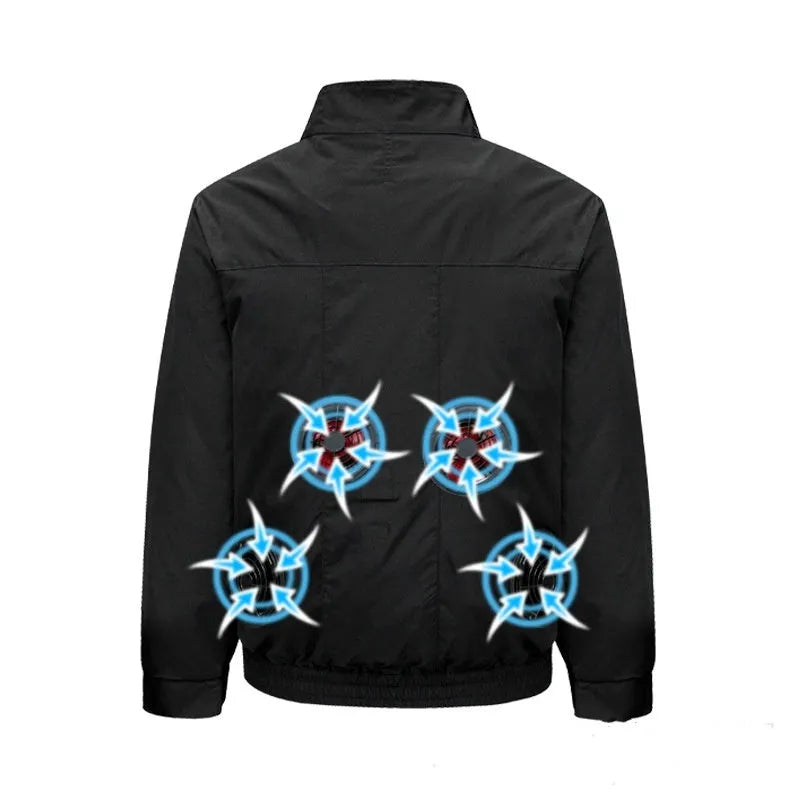 Men's black smart air conditioning work jacket with ventilation holes and integrated fan system