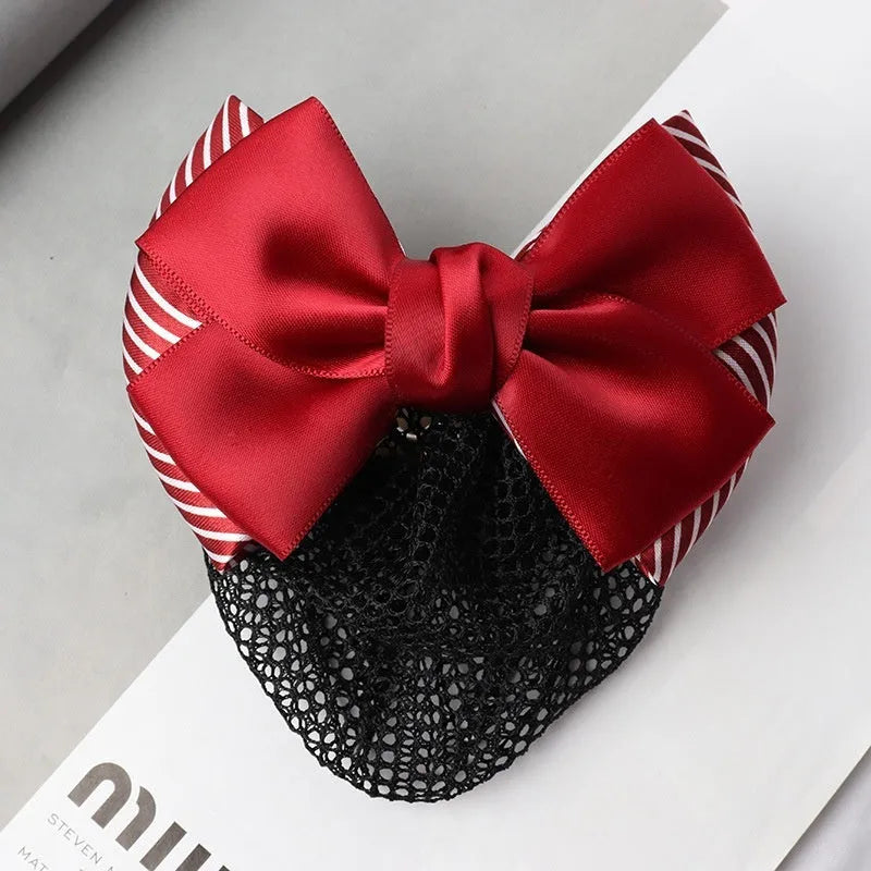 Professional waitress hair net with double bow clip in various colours including black, red, and blue mesh