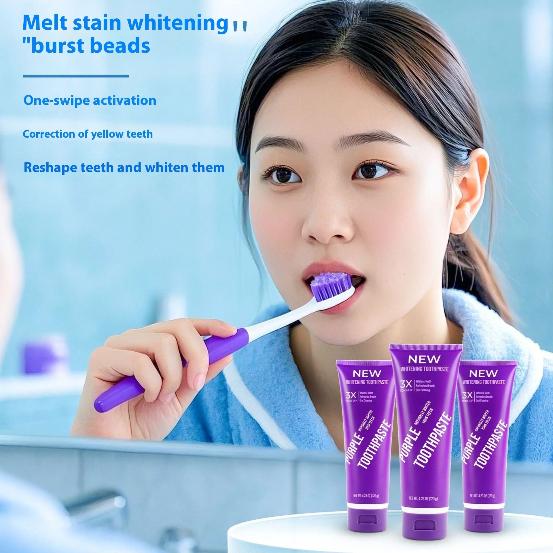 Purple whitening toothpaste tube for adults in 120g and 65g sizes.